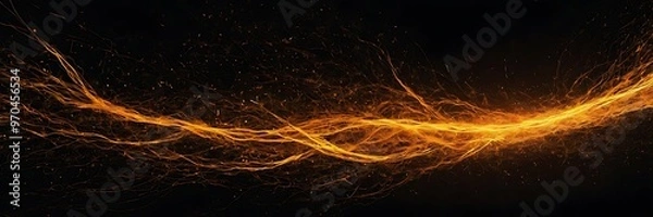 Fototapeta Dark digital abstract background wallpaper with orange waves and particles of light, unique graphic design. AI Generated