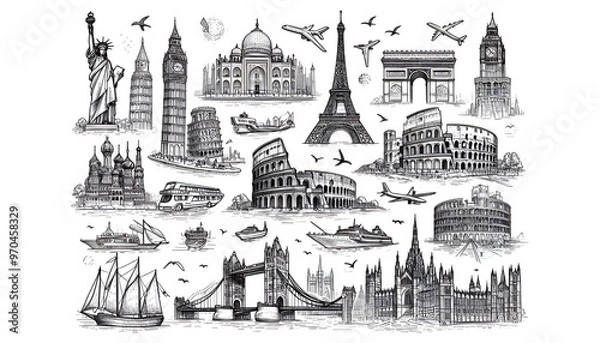 Fototapeta Line drawing of famous world landmarks on a white background, depicted in a hand-drawn sketch style, representing travel concepts