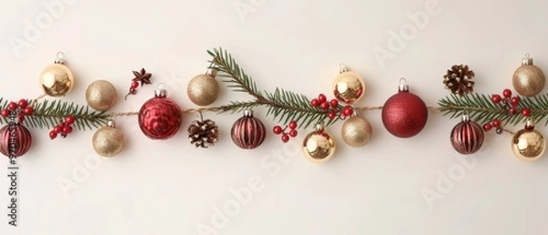 Fototapeta Decorative Christmas garland with red and gold ornaments, pine cones, and greenery on a light background, perfect for festive occasions.