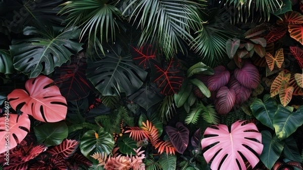 Fototapeta A vibrant arrangement of various tropical plants showcasing rich colors and textures.