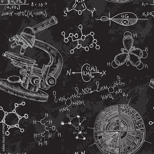 Fototapeta Vintage seamless pattern old chemistry laboratory with microscope and formulas. Vector retro hand drawn illustration in sketch style
