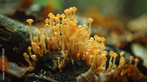 Fototapeta Cordyceps fungus zombie ant, time-lapse of growth and spore release: A time-lapse sequence shows the growth of a Cordyceps fungus from an infected zombie ant, culminating in the release of spores 