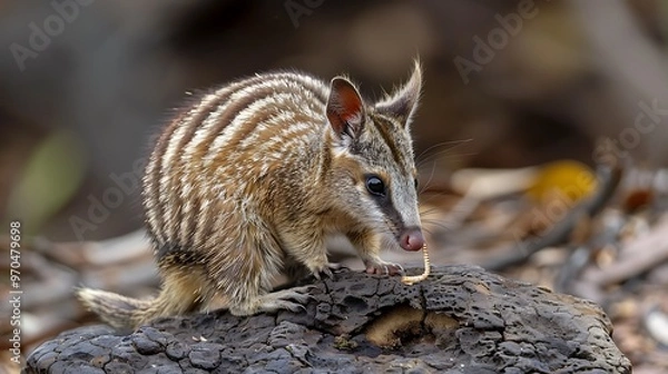 Fototapeta Numbat foraging for termites, Australian outback, long tongue visible: A numbat forages for termites in the Australian outback, its long, sticky tongue darting into the termite mound as it searches 
