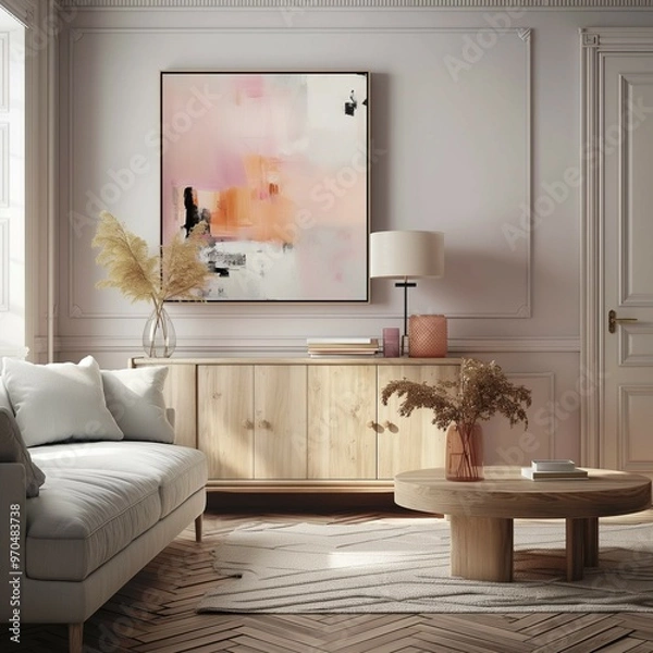 Obraz Lovely modern living room interior design with comfortable sofa,wooden table and cabinet drawer