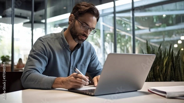 Fototapeta A man is writing in his notebook while sitting at a table with an open laptop in front of him, looking focused and confident.