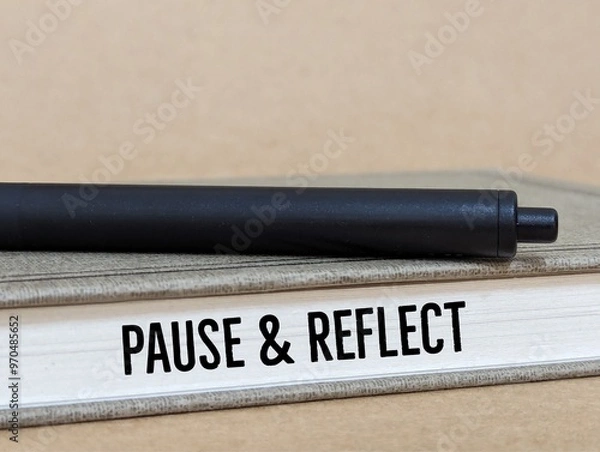 Obraz a book and black pen with the words Pause & Reflect