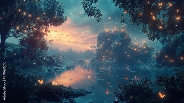 Fototapeta Sunlight breaks through dark clouds, illuminating a lush green tree.