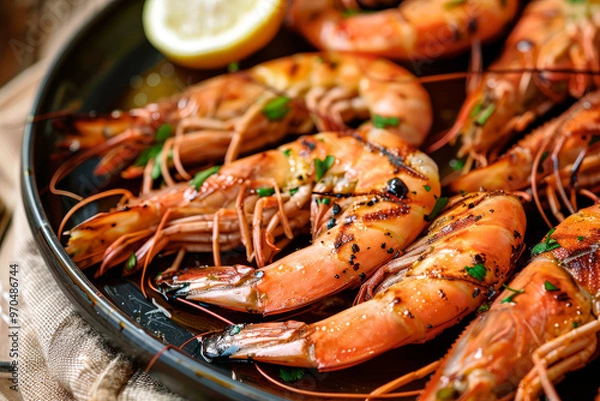 Obraz Fried shrimp with lemon and herbs, close-up