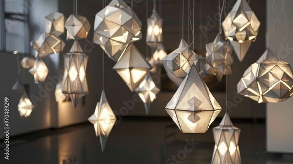 Fototapeta Geometric decorative pendant lamp for gallery exhibition space AI generated image