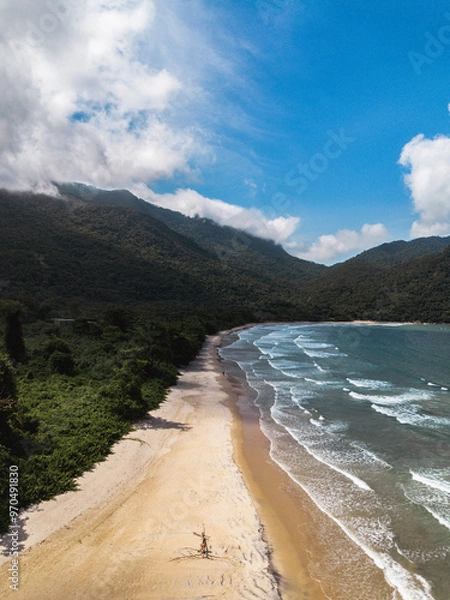 Obraz Aerial pictures from a beach from Isla grande brasil angra dos reis rio de janeiro paradise beach with mountains and waves to surf in a sunny day
