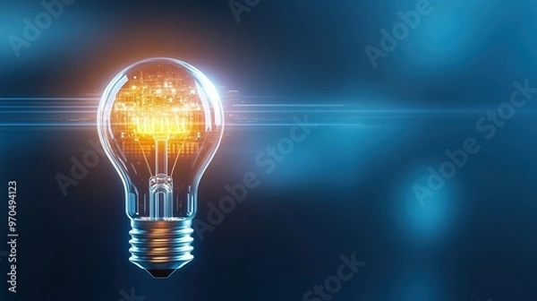 Fototapeta Glowing light bulb with integrated circuit board inside on a dark blue background, representing innovation and technological advancement. Ideal concept for creativity, ideas, innovation in technology,