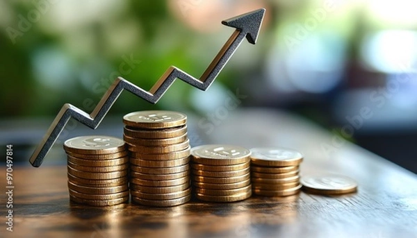 Fototapeta Stacked coins with an upward arrow, representing increasing profits and growth in the eCommerce industry
