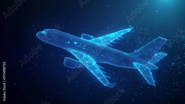 Fototapeta A blue, 3D airplane made of lines and dots is shown against a dark blue background. It represents travel, tourism, and transportation. Glowing stars add a futuristic feel.