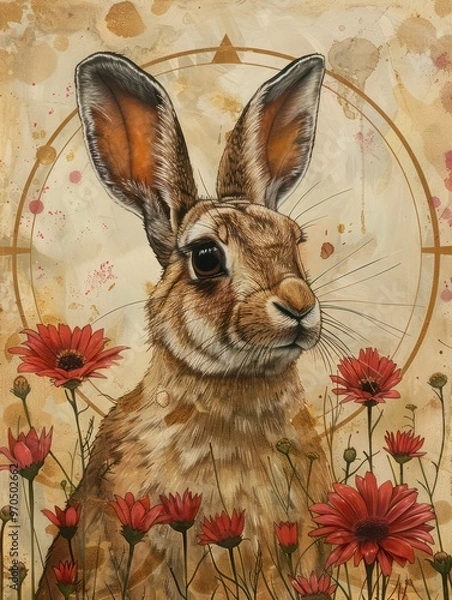 Obraz A detailed illustration of a rabbit surrounded by vibrant flowers, blending nature with artistic expression.