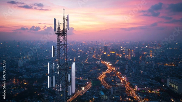 Fototapeta A city's high-speed internet network is shown, with a white tower sending out wireless signals. This represents the 5G technology that provides fast internet access.