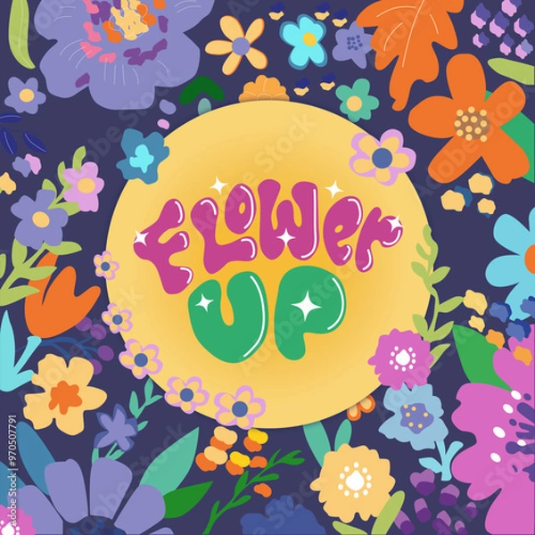 Fototapeta Spring card, colourful flowers with purple background and the text Flower up, decorations for girls, designs for girls' birthdays, fuchsia and pink with lots of glitter aesthetics Y2K.