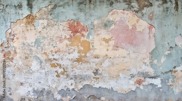 Fototapeta Abstract grunge texture of a weathered wall with peeling paint in shades of blue, pink, and yellow.