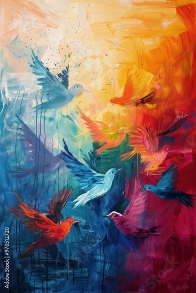 Fototapeta A vibrant abstract painting of colorful birds in flight, symbolizing freedom and movement against a dynamic background.