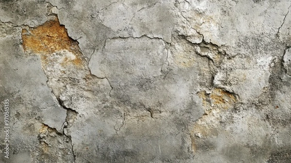 Fototapeta Cracked and weathered concrete wall with visible damage and exposed brick.