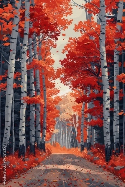 Fototapeta A serene autumn scene featuring a winding road flanked by vibrant red and orange trees.