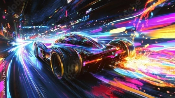 Obraz racing car in the midst of a dynamic and colorful race track with swirling patterns and bright lights.