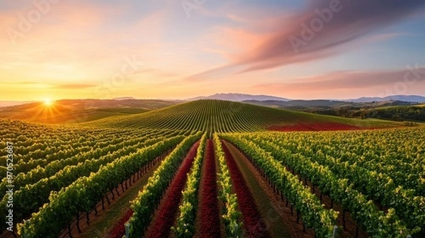 Fototapeta Rolling vineyard landscape at sunset, capturing the essence of terroir with deep red grapes, Wine Red Terroir, Scenic Wine Region