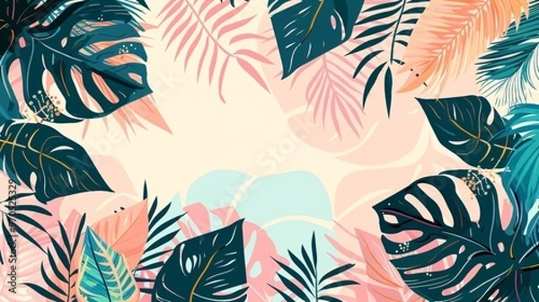 Fototapeta 143. Vector illustration of creative summer backgrounds, highlighting tropical palm leaves in a modern abstract style. The bright covers set includes trendy minimal designs with jungle and beach