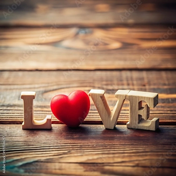 Fototapeta Love is on a wooden table with a heart shaped word in the middle