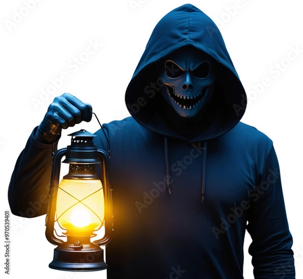 Fototapeta Mysterious Hooded Figure Holding Lantern – Spooky Halloween Themed Image on Transparent Background