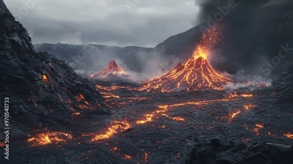 Fototapeta image depicting the aftermath of a volcanic eruption, with hardened lava flows and ash-covered terrain.