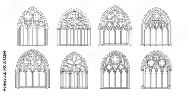 Obraz Gothic windows outline. Black linear drawing of classic architectural decorative frame isolated on white.
