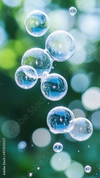 Fototapeta Bubbles flowing into the air, floating gracefully and catching reflections of light in a whimsical scene.