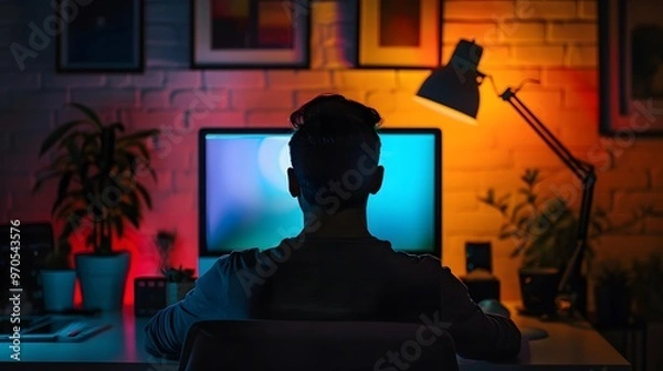 Fototapeta Silhouette of a graphic designer adjusting colors