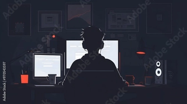 Fototapeta Silhouette of a person in a room working on a laptop, surrounded by digital technology and internet concepts