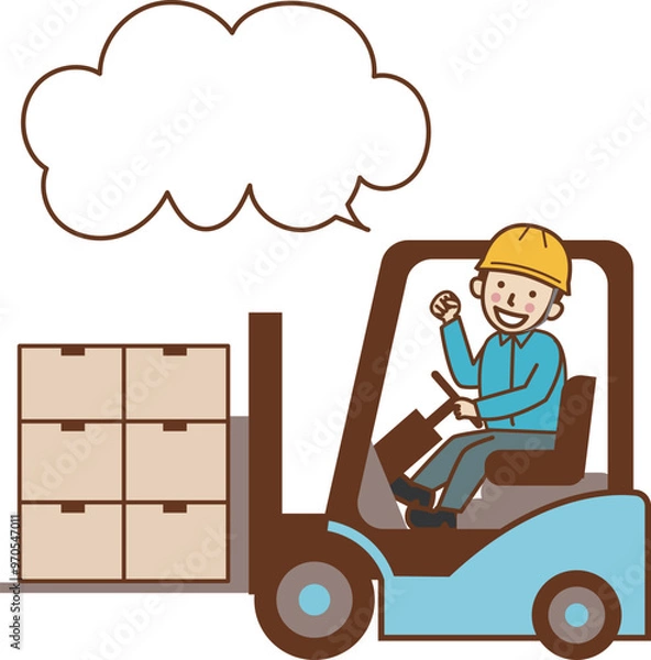 Obraz フォークリフトで荷物を運び、ガッツポーズをする男性作業員。