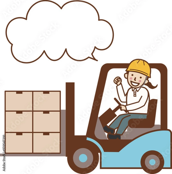 Obraz フォークリフトで荷物を運び、ガッツポーズをする女性作業員。