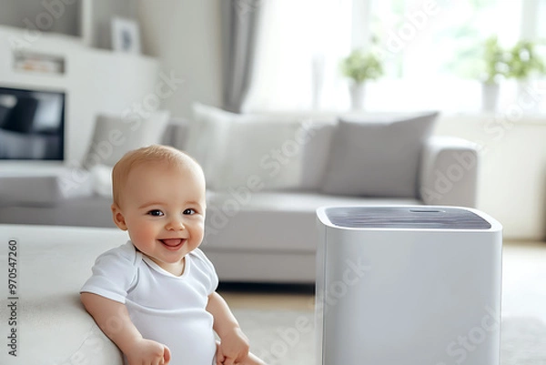 Fototapeta ehumidifier in a bright living room among a sofa and baby, control of temperature and climate in the apartmen
