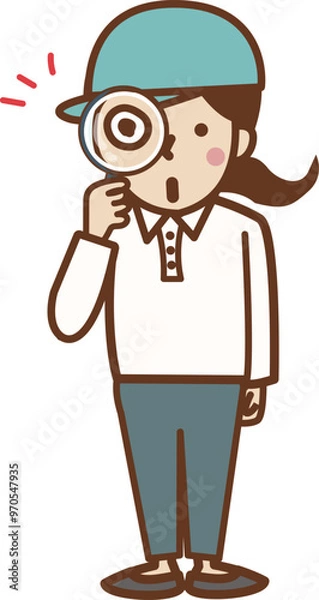 Obraz 虫眼鏡を持つ、帽子をかぶった驚いた顔の作業員の女性。