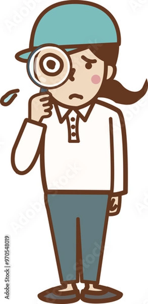 Obraz 虫眼鏡を持つ、帽子をかぶった不安な顔の作業員の女性。