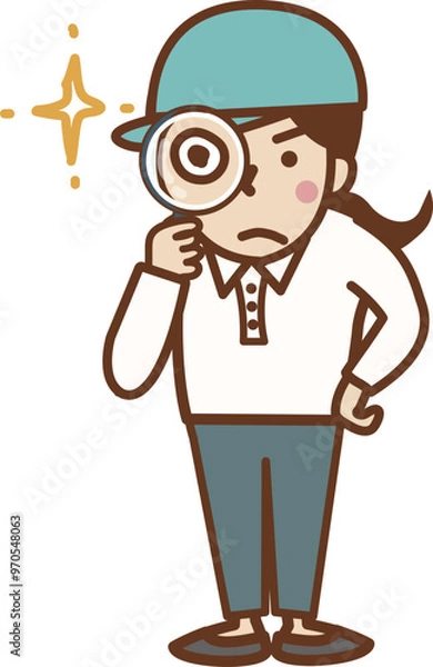 Obraz 虫眼鏡を持つ、帽子をかぶった作業員の女性。