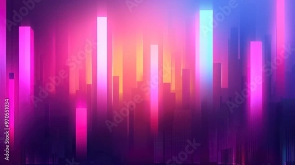 Obraz A vibrant, abstract cityscape featuring tall, illuminated structures in shades of pink, blue, and purple.