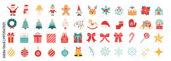 Obraz A collection of Christmas icons including Santa Claus, reindeer, and a Christmas tree. The icons are arranged in a grid, with some icons overlapping each other