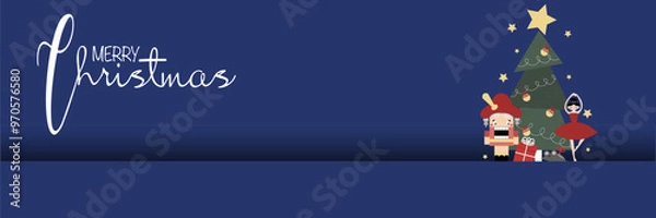 Fototapeta Vector Merry Christmas web banner with nutcracker, ballerina, gifts, christmas tree, decorative balls