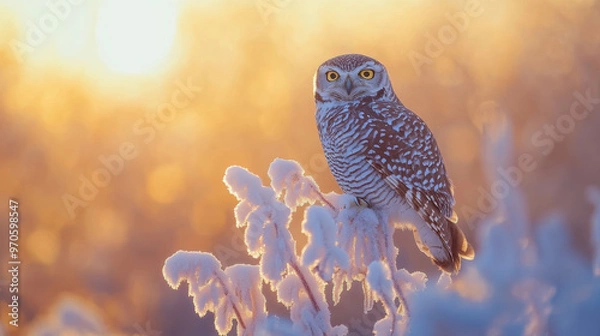 Fototapeta A hawk-owl perched on a frosty plant, bathed in the warm light of the morning sun.