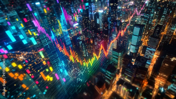 Fototapeta A 3D stock market graph rising sharply with vibrant colors, amidst a backdrop of a bustling cityscape at night