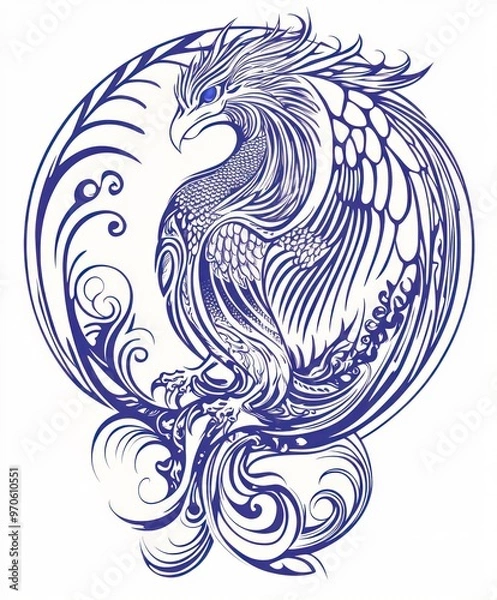 Obraz A detailed line art illustration of a phoenix with blue eyes in a circular frame of stylized, organic shapes.