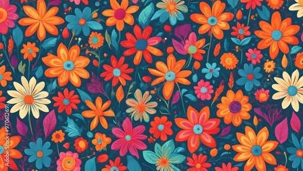 Fototapeta A seamless pattern of colorful flowers on a dark blue background.