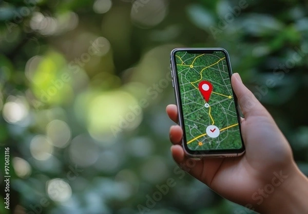 Obraz A person is holding a mobile phone displaying a map on screen