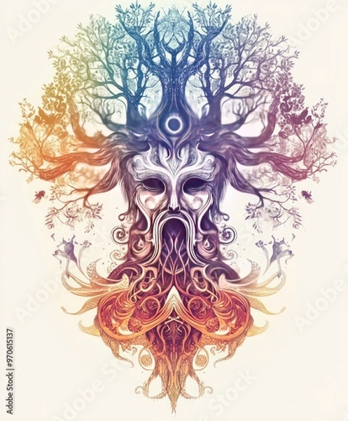 Fototapeta A colorful, intricate illustration of a tree with a human face in the center.