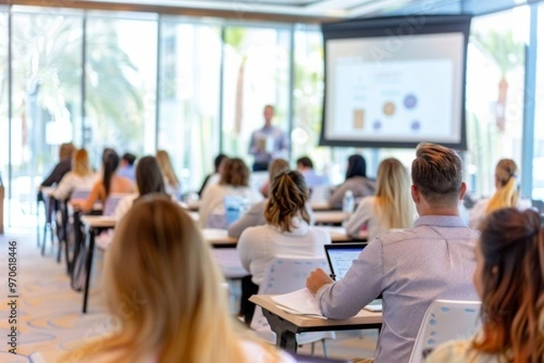 Obraz A modern corporate training session with young adults in a bright, glass-walled conference room